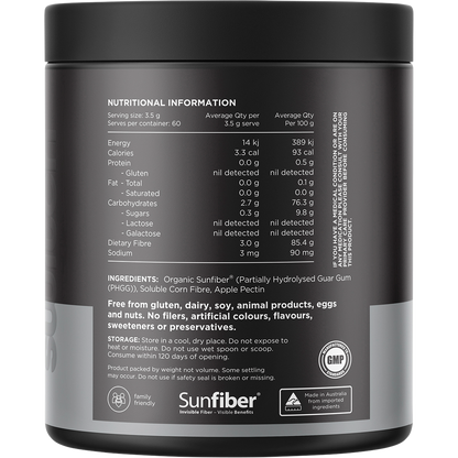Back label of Switch Nutrition Fibre+ Unflavoured 210g tub showing ingredients, nutrition facts, and usage instructions.