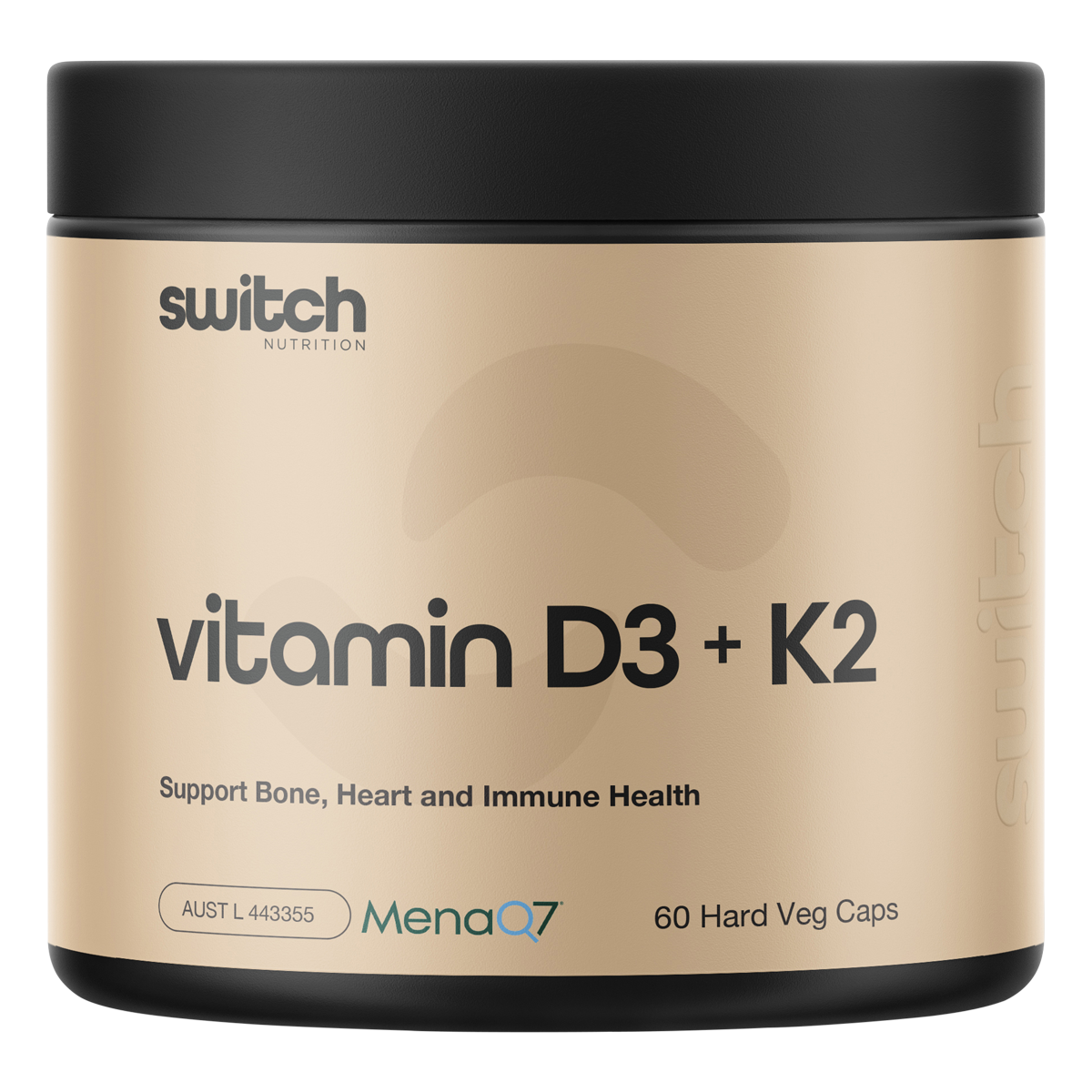 White bottle of Switch Nutrition Vitamin D3 + K2 60 capsules with a black and white label.