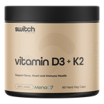 White bottle of Switch Nutrition Vitamin D3 + K2 60 capsules with a black and white label.