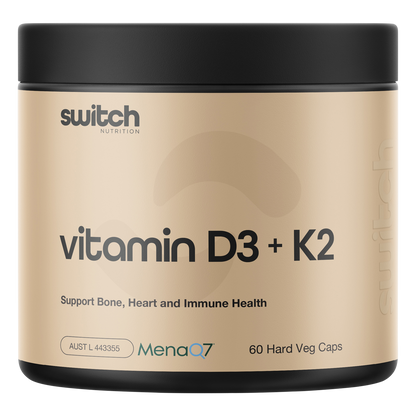 White bottle of Switch Nutrition Vitamin D3 + K2 60 capsules with a black and white label.