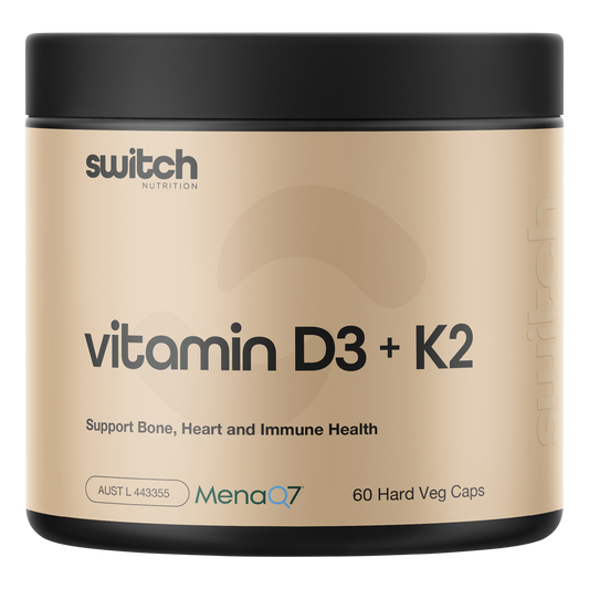 White bottle of Switch Nutrition Vitamin D3 + K2 60 capsules with a black and white label.