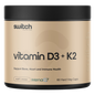 White bottle of Switch Nutrition Vitamin D3 + K2 60 capsules with a black and white label.