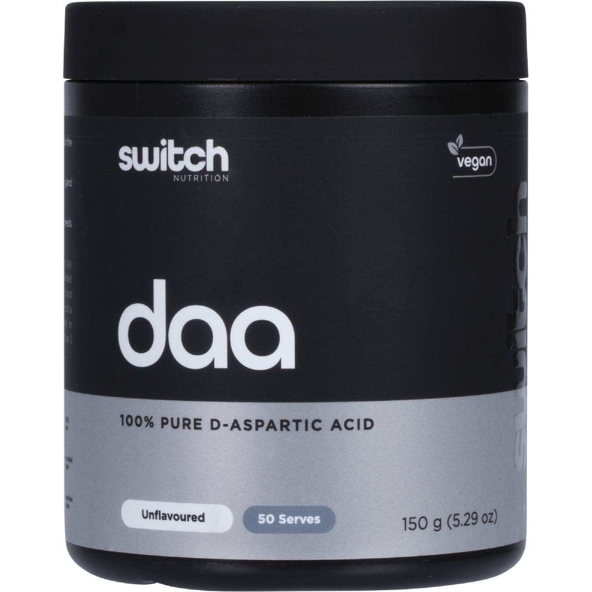 150g tub of Switch Nutrition DAA 100% Pure D-Aspartic Acid Unflavoured with a clean white and blue label.
