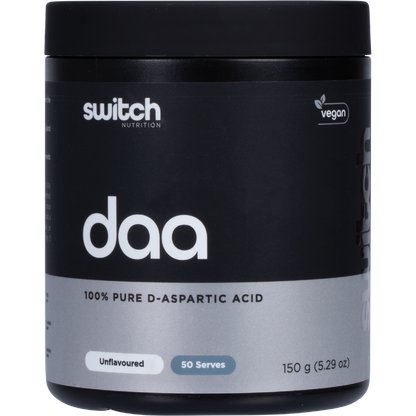 150g tub of Switch Nutrition DAA 100% Pure D-Aspartic Acid Unflavoured with a clean white and blue label.
