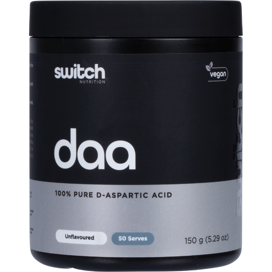 150g tub of Switch Nutrition DAA 100% Pure D-Aspartic Acid Unflavoured with a clean white and blue label.