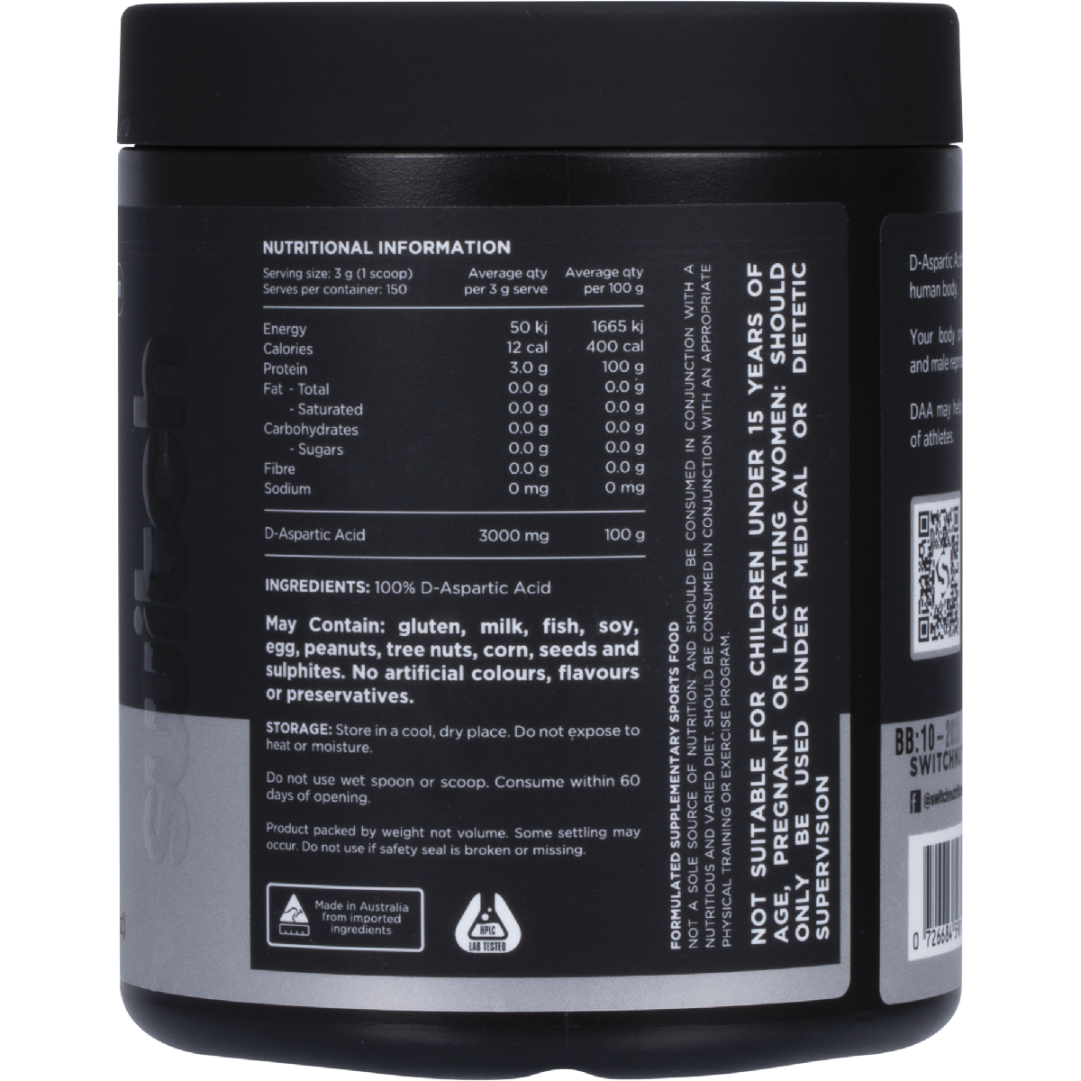 Switch Nutrition 150g DAA tub with a white and blue label, shown from a side angle.