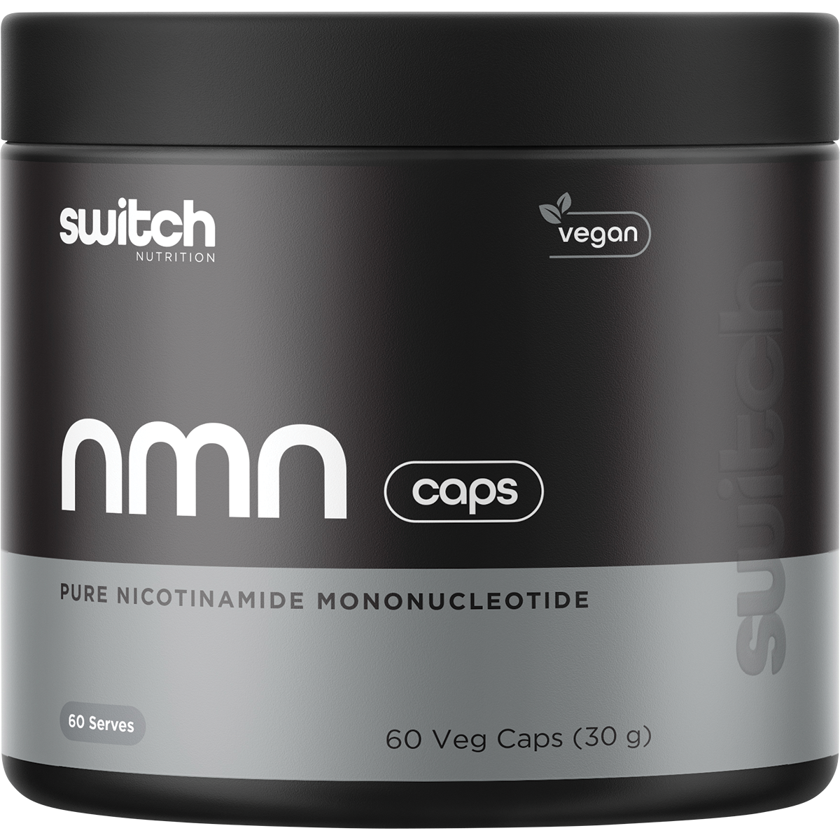 Bottle of Switch Nutrition NMN Pure Nicotinamide Mononucleotide containing 60 vegan capsules for cellular energy.
