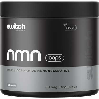 Bottle of Switch Nutrition NMN Pure Nicotinamide Mononucleotide containing 60 vegan capsules for cellular energy.