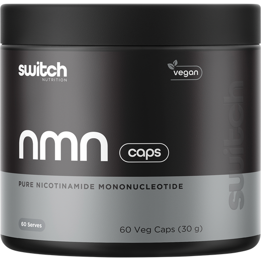 Bottle of Switch Nutrition NMN Pure Nicotinamide Mononucleotide containing 60 vegan capsules for cellular energy.