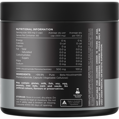 Rear view of Switch Nutrition NMN Pure 60 capsules bottle showing nutritional information and directions for use.