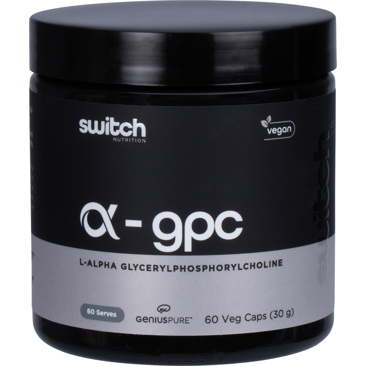 Switch Nutrition Alpha GPC 60 capsules featuring a black and white label with blue text on a white bottle.