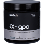 Switch Nutrition Alpha GPC 60 capsules featuring a black and white label with blue text on a white bottle.