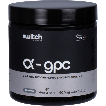 Switch Nutrition Alpha GPC 60 capsules featuring a black and white label with blue text on a white bottle.
