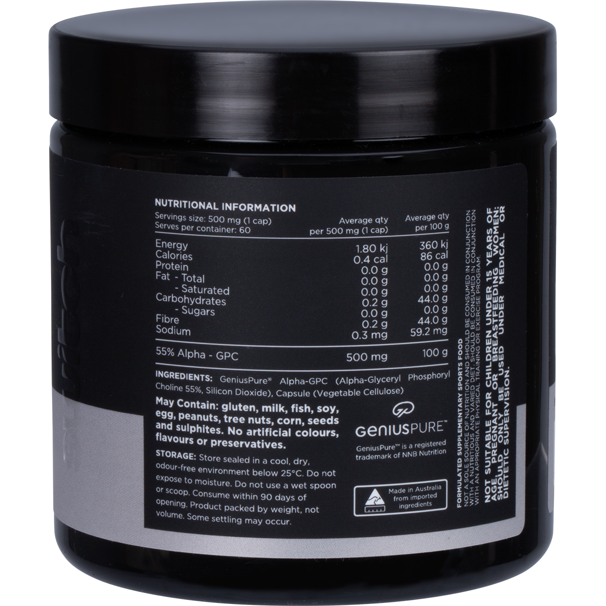 The back of a white Switch Nutrition Alpha GPC bottle showing the nutritional information and ingredient list.