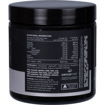 The back of a white Switch Nutrition Alpha GPC bottle showing the nutritional information and ingredient list.