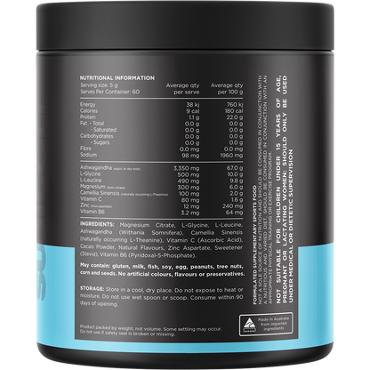 Back of a 300g tub of Switch Nutrition Adrenal Magnesium Support Powder in chocolate flavor showing ingredients.