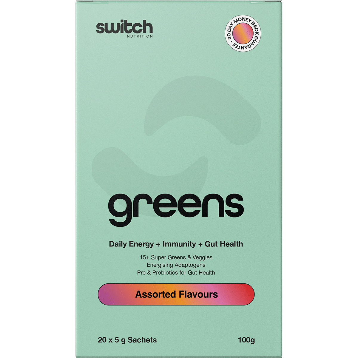 Box of 20 Switch Nutrition Greens sachets in assorted flavours, including Strawberry Kiwi and Mango Passionfruit.