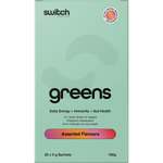Box of 20 Switch Nutrition Greens sachets in assorted flavours, including Strawberry Kiwi and Mango Passionfruit.