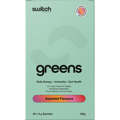 Box of 20 Switch Nutrition Greens sachets in assorted flavours, including Strawberry Kiwi and Mango Passionfruit.