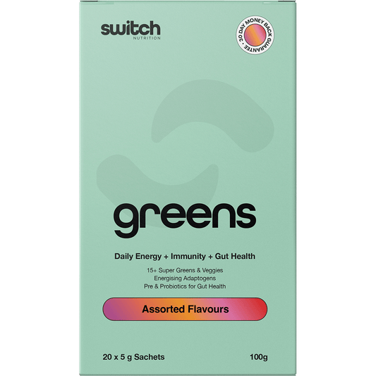 Box of 20 Switch Nutrition Greens sachets in assorted flavours, including Strawberry Kiwi and Mango Passionfruit.