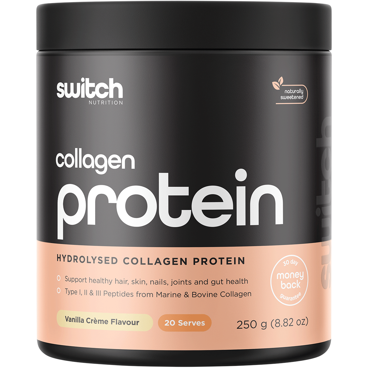 250g tub of Switch Nutrition Collagen Switch Vanilla Creme with bovine and marine collagen peptides.