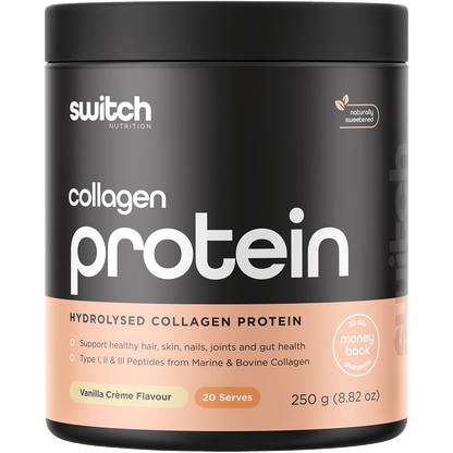 250g tub of Switch Nutrition Collagen Switch Vanilla Creme with bovine and marine collagen peptides.