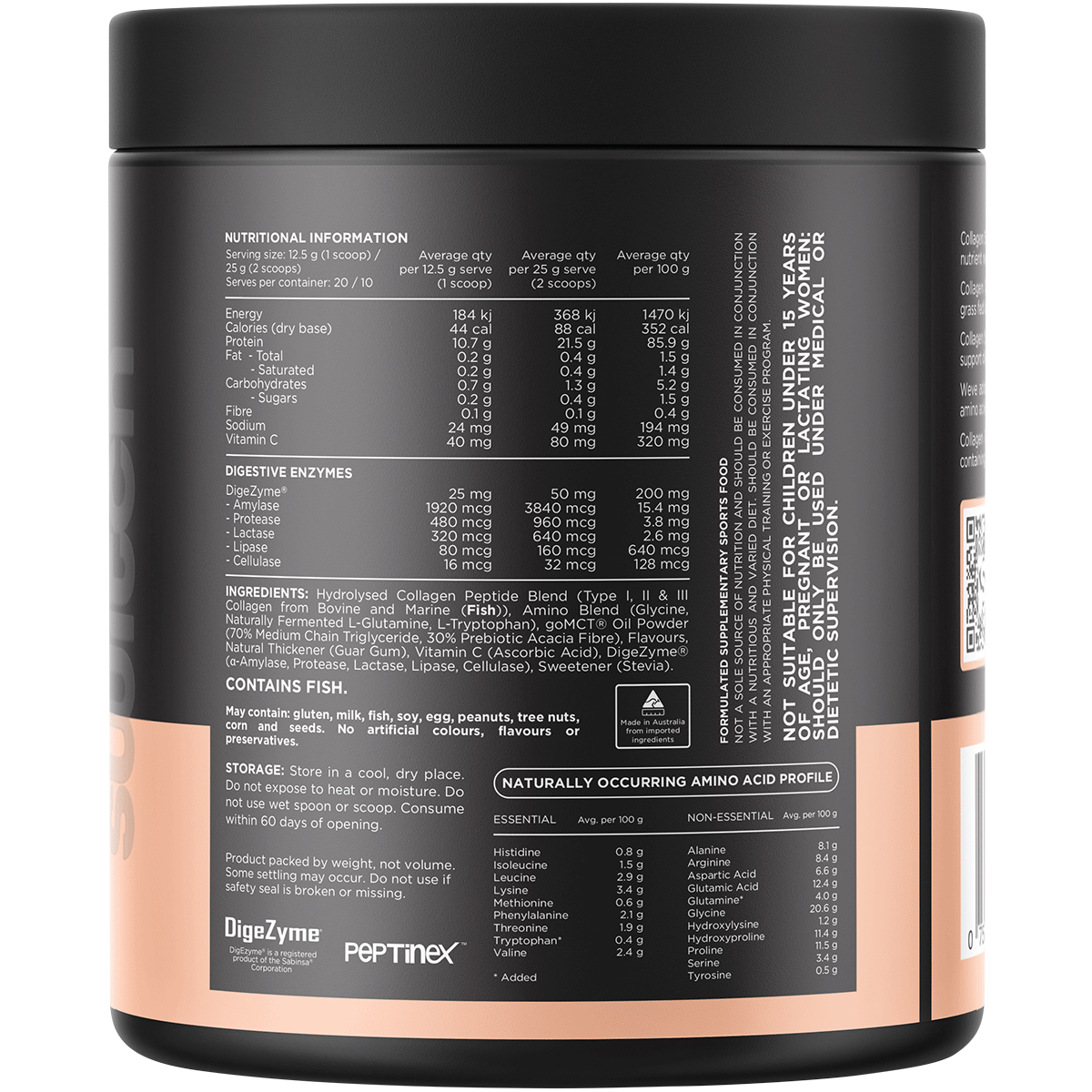 Back of Switch Nutrition Collagen Switch Vanilla Creme 250g tub showing nutritional information and directions.