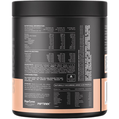 Back of Switch Nutrition Collagen Switch Vanilla Creme 250g tub showing nutritional information and directions.