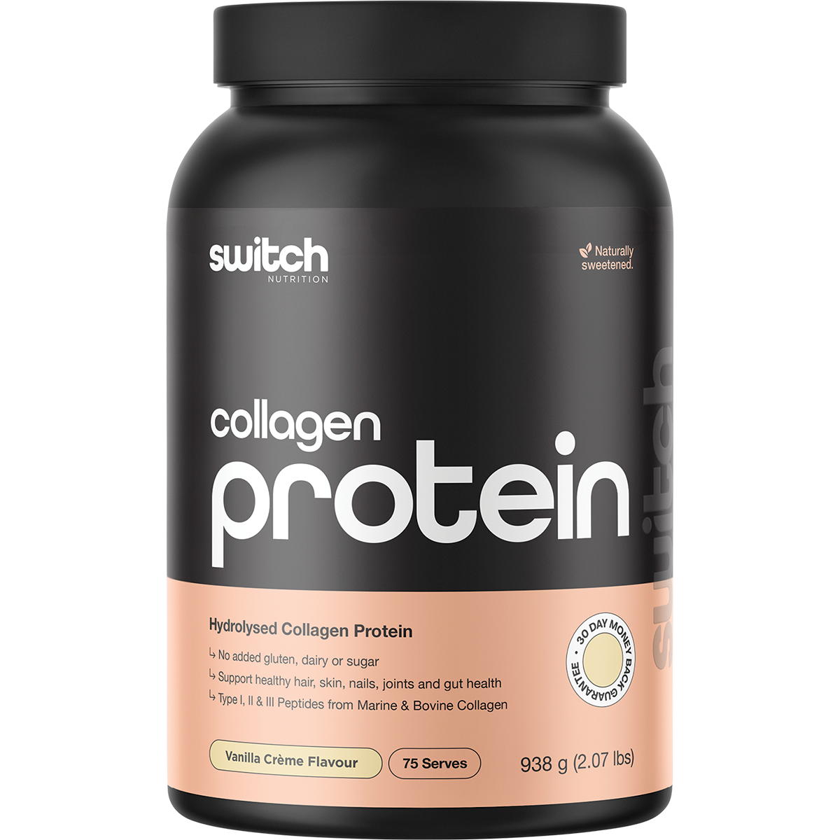 938g tub of Switch Nutrition Hydrolyzed Collagen Protein in Vanilla Creme flavor on a white background.