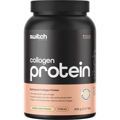 938g tub of Switch Nutrition Hydrolyzed Collagen Protein in Vanilla Creme flavor on a white background.