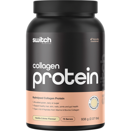 938g tub of Switch Nutrition Hydrolyzed Collagen Protein in Vanilla Creme flavor on a white background.