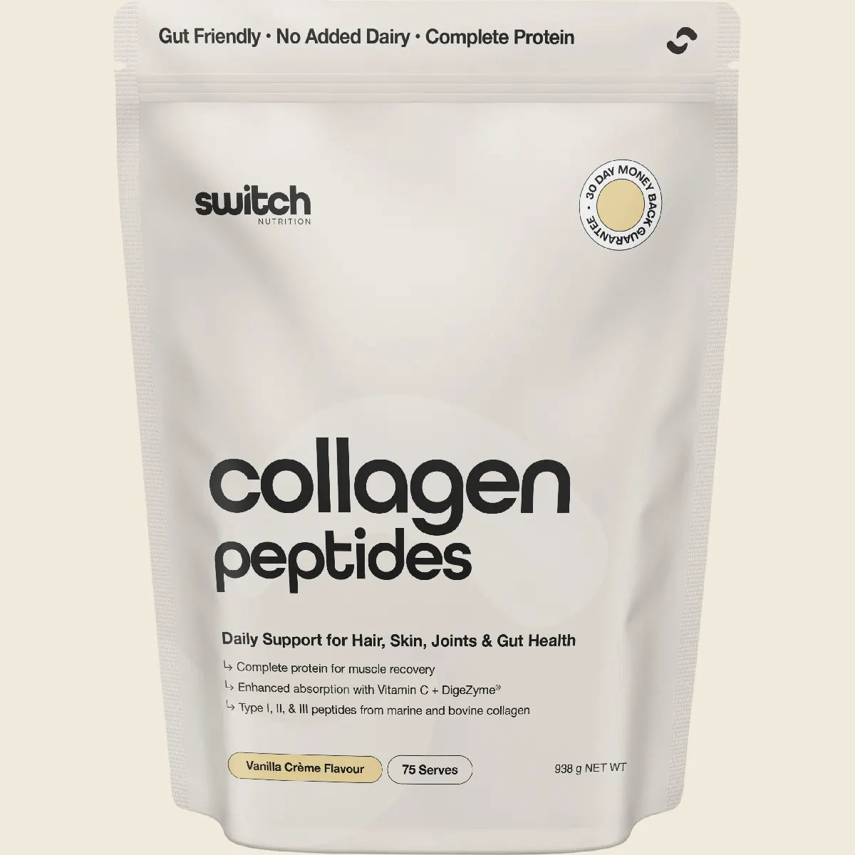 Package of collagen peptides with 'switch' branding on a beige background