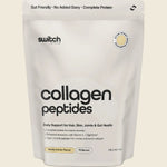 Package of collagen peptides with 'switch' branding on a beige background