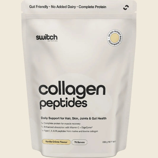 Package of collagen peptides with 'switch' branding on a beige background