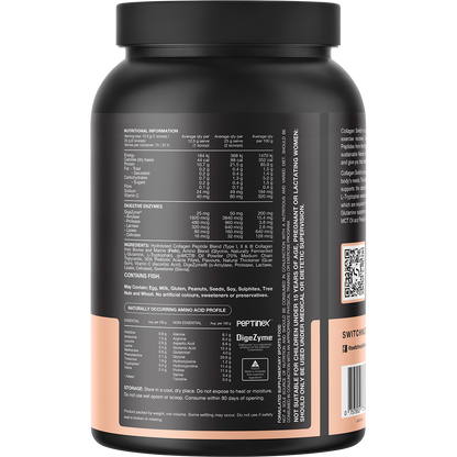 Back of a 938g tub of Switch Nutrition Hydrolysed Collagen Protein in Vanilla Creme showing ingredients and nutrition.