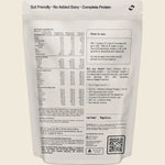 Protein powder package with nutritional information and usage instructions on a beige background