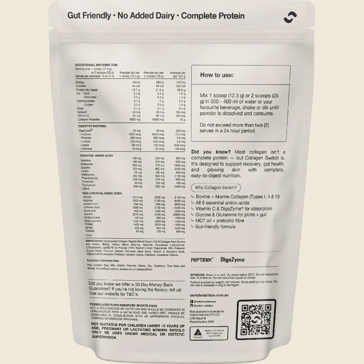 Protein powder package with nutritional information and usage instructions on a beige background