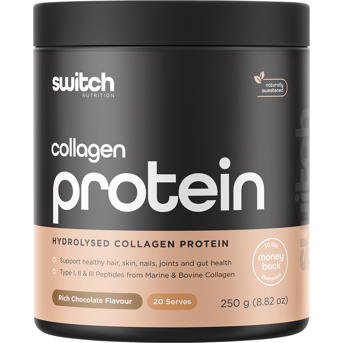 250g tub of Switch Nutrition Hydrolysed Collagen Protein in Rich Chocolate flavor on a white background.