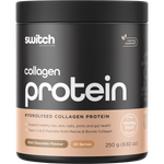 250g tub of Switch Nutrition Hydrolysed Collagen Protein in Rich Chocolate flavor on a white background.