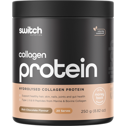 250g tub of Switch Nutrition Hydrolysed Collagen Protein in Rich Chocolate flavor on a white background.