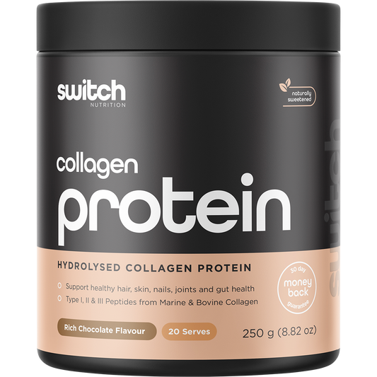 250g tub of Switch Nutrition Hydrolysed Collagen Protein in Rich Chocolate flavor on a white background.