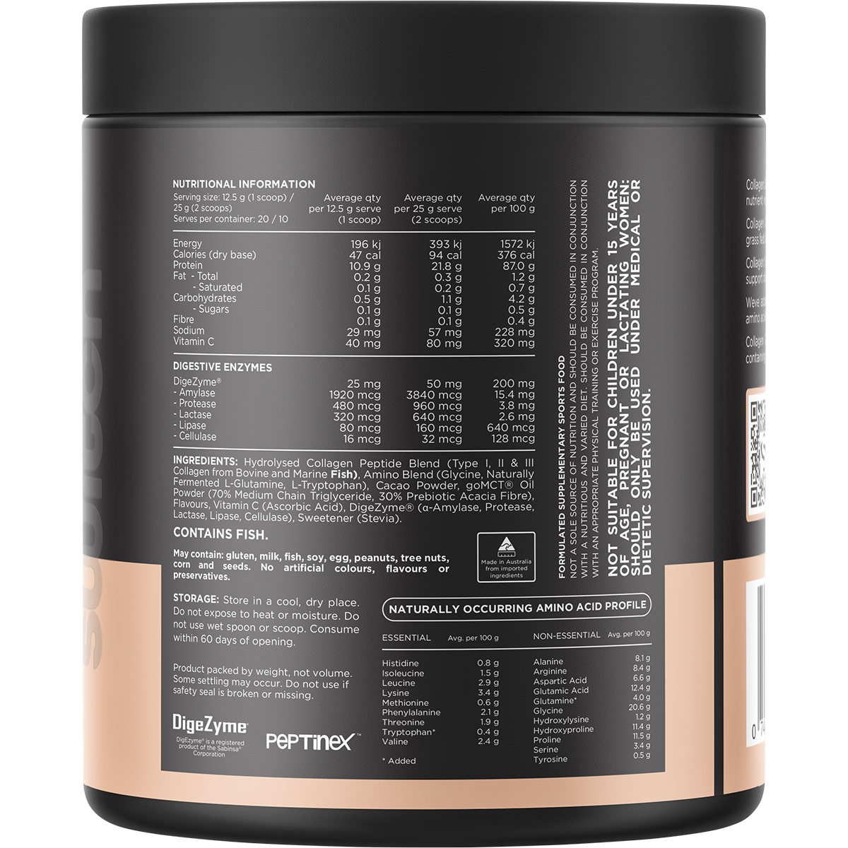 Back of a 250g tub of Switch Nutrition Rich Chocolate Collagen Protein with nutritional info and ingredients.