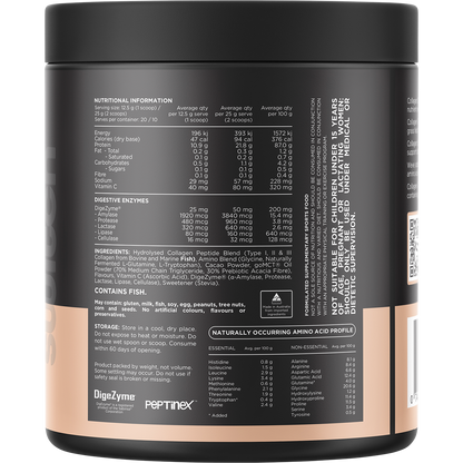 Back of a 250g tub of Switch Nutrition Rich Chocolate Collagen Protein with nutritional info and ingredients.