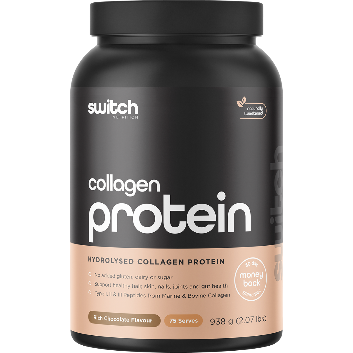 938g tub of Switch Nutrition Hydrolysed Collagen Protein in Rich Chocolate flavor on a white background.