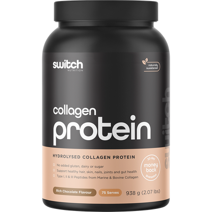 938g tub of Switch Nutrition Hydrolysed Collagen Protein in Rich Chocolate flavor on a white background.