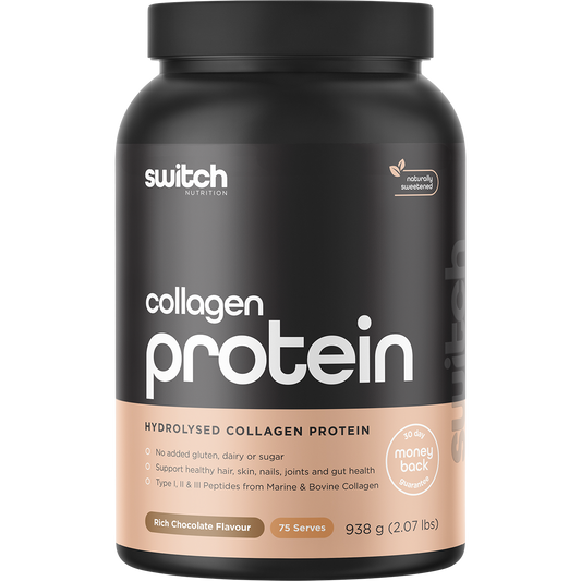 938g tub of Switch Nutrition Hydrolysed Collagen Protein in Rich Chocolate flavor on a white background.