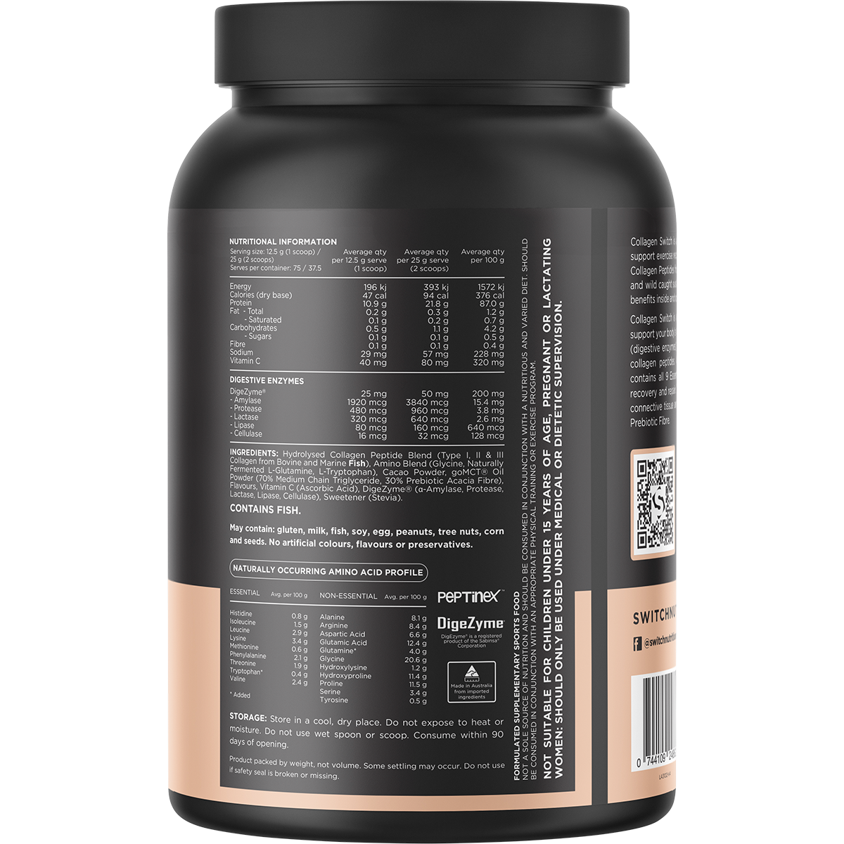 Back of a 938g tub of Switch Nutrition Hydrolysed Collagen Protein in Rich Chocolate showing nutritional information.