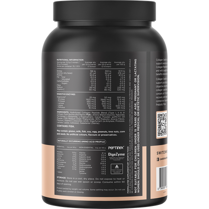 Back of a 938g tub of Switch Nutrition Hydrolysed Collagen Protein in Rich Chocolate showing nutritional information.