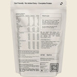 Protein powder package with nutritional information and usage instructions on a beige background