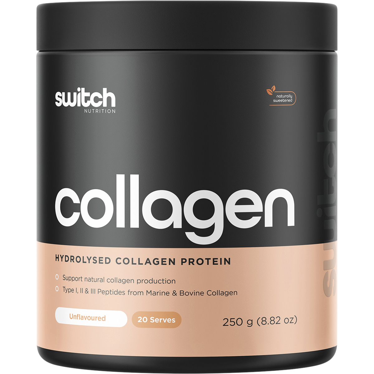 250g tub of Switch Nutrition Hydrolysed Collagen Protein Unflavoured on a white background.